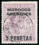Stamp of Morocco Agencies (British Post Offices) » Spanish Currency 1907-12 3p on 2s6d dull purple cancellation study with Fez (Mellah) cds, etc. (30)