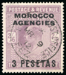 Stamp of Morocco Agencies (British Post Offices) » Spanish Currency 1907-12 3p on 2s6d dull purple cancellation study with Fez (Mellah) cds, etc. (30)