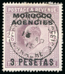 Stamp of Morocco Agencies (British Post Offices) » Spanish Currency 1907-12 3p on 2s6d dull purple cancellation study with Fez (Mellah) cds, etc. (30)