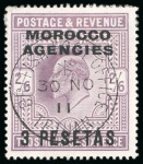 Stamp of Morocco Agencies (British Post Offices) » Spanish Currency 1907-12 3p on 2s6d dull purple cancellation study with Fez (Mellah) cds, etc. (30)