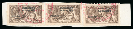 Stamp of Morocco Agencies (British Post Offices) » British Currency 1914-31 Waterlow 2s6d sepia-brown with "SPECIMEN" hs, three examples on a piece from the Madagascar UPU archive
