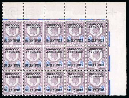 Stamp of Morocco Agencies (British Post Offices) » Spanish Currency 1907-12 50c on 5d mint n.h. top right corner marginal block of 15 with R1/12 showing broken crown