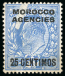 Stamp of Morocco Agencies (British Post Offices) » Spanish Currency 1907-12 25c on 2 1/2d pair of items showing a printer's misprint of the overprint due to small pieces of tissue paper adhering to the stamp 
