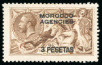 Stamp of Morocco Agencies (British Post Offices) » Spanish Currency 1914-26 3p on 2s6d (DLR, yellow-brown), 5p on 5s and 12p on 10s all with double overprint, one albino varieties