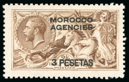 Stamp of Morocco Agencies (British Post Offices) » Spanish Currency 1914-26 3p on 2s6d (DLR, yellow-brown), 5p on 5s and 12p on 10s all with double overprint, one albino varieties