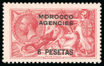 Stamp of Morocco Agencies (British Post Offices) » Spanish Currency 1914-26 3p on 2s6d (DLR, yellow-brown), 5p on 5s and 12p on 10s all with double overprint, one albino varieties