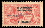 Stamp of Morocco Agencies (British Post Offices) » French Currency 1924-32 6f on 5s group incl. "SPECIMEN" hs on single and further struck with blue "SPECIMEN" by a UPU receiving authority