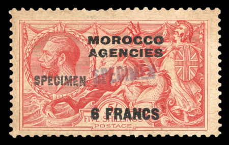 Stamp of Morocco Agencies (British Post Offices) » French Currency 1924-32 6f on 5s group incl. "SPECIMEN" hs on single and further struck with blue "SPECIMEN" by a UPU receiving authority
