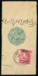 Stamp of Morocco Agencies (British Post Offices) » Spanish Currency 1907-12 10c on 1d and 5c on 1/2d pair on large pieces with part address along with Cherifien postal negative handstamps