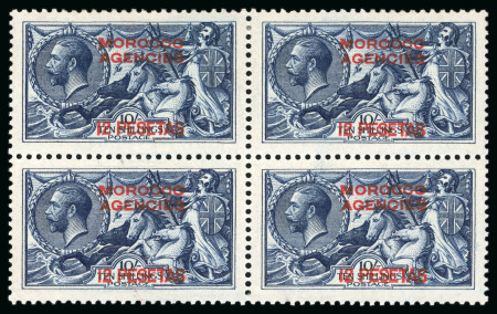Stamp of Morocco Agencies (British Post Offices) » Spanish Currency 1914-26 Waterlow Seahorse 12p on 10s indigo-blue with double overprint, one albino, in top pair in a mint block of four 