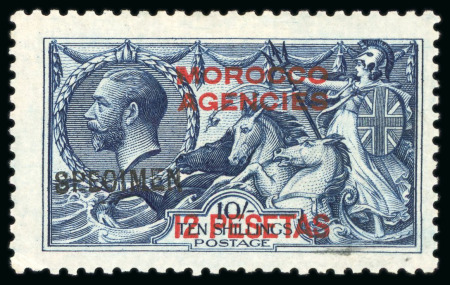 Stamp of Morocco Agencies (British Post Offices) » Spanish Currency 1914-26 Waterlow Seahorse 12p on 10s indigo-blue "SPECIMEN"