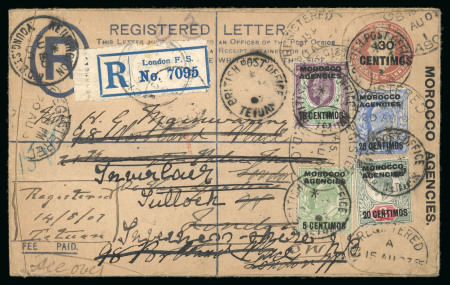 Stamp of Morocco Agencies (British Post Offices) » Spanish Currency Tetuan: 1907 (Aug 14) 30c registered envelope (size G, H&G 6) sent to England with provisional registration marking