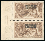Stamp of Morocco Agencies (British Post Offices) » British Currency 1914-31 De La Rue 2s6d yellow brown with double overprint in black on lower stamp in mint left marginal pair