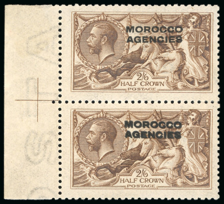 Stamp of Morocco Agencies (British Post Offices) » British Currency 1914-31 De La Rue 2s6d yellow brown with double overprint in black on lower stamp in mint left marginal pair