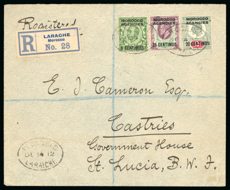 Stamp of Morocco Agencies (British Post Offices) » Spanish Currency Destination mail: 1907-12 issue on 13 covers/cards to unusual destinations such as St. Lucia