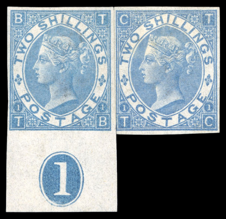 Stamp of Great Britain » 1855-1900 Surface Printed » 1867-80 Large Uncoloured Corner Letters, Wmk Spray of Rose 1867-80 2s dull blue pl.1 TB-TC rejoined pair of imperf. imprimaturs