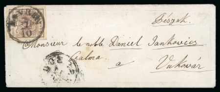 Stamp of Romania » Former Austrian Territory Temeser Banat: 6Kr brown type III, fresh colour and wide margins tied by rare "LOVRIN 7 / 10" cds n 1854 embossed Valentine cover