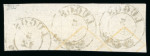 Stamp of Romania » Former Austrian Territory Temeser Banat: 1850, 1Kr ochre yellow Type Ib in horizontal Strip of three printed on both sides
