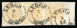 Stamp of Romania » Former Austrian Territory Temeser Banat: 1850, 1Kr ochre yellow Type Ib in horizontal Strip of three printed on both sides