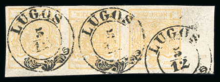 Stamp of Romania » Former Austrian Territory Temeser Banat: 1850, 1Kr ochre yellow Type Ib in horizontal Strip of three printed on both sides