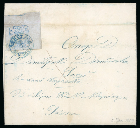 Stamp of Romania » 1858 (1st Nov.) - 1861 Moldavia - Handstruck at Jassy - Imperforate 1858 40pa on bluish paper, large to huge margins showing parts of the neighbouring stamp at top, tied to cover to Jassy