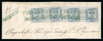 Stamp of Romania » 1858 (1st Nov.) - 1861 Moldavia - Handstruck at Jassy - Imperforate 1858 40pa bluish-lilac on bluish paper in strip of four tied to piece by "FRANCO / BOTUSCHANI" framed hs in light green 