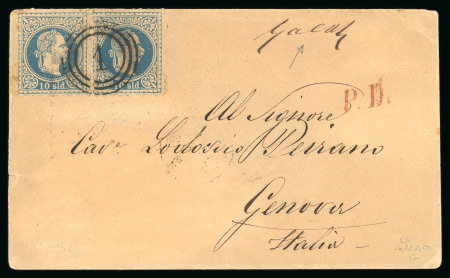 Stamp of Romania » Austrian Levant Post Offices » D.D.S.G. Post Offices 1868 (Sep) envelope endorsed "Galatz" at top right, sent by Danube DDSG mail and franked with Austrian Levant 10s pair