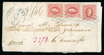 Stamp of Romania » United Principalities 1864-1865 Prince Cuza 1864-65 20pa red, three examples on 1865 entire sent registered to Bucharest