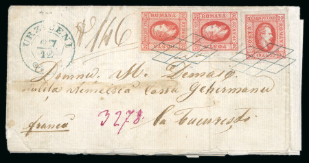 Stamp of Romania » United Principalities 1864-1865 Prince Cuza 1864-65 20pa red, three examples on 1865 entire sent registered to Bucharest