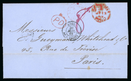Stamp of Danish West Indies 1863 (July 13) Entire letter from St. Thomas to Paris, with earliest usage of St. Thomas Paid cds