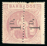 Stamp of Barbados 1878, Provisional 1 d. on half 5 s. rose, surcharge reading up, an unsevered pair