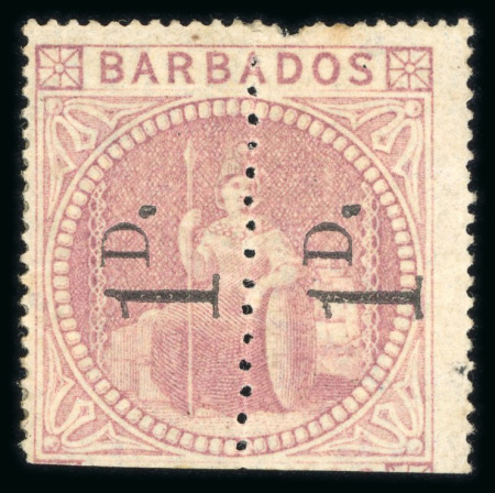 Stamp of Barbados 1878, Provisional 1 d. on half 5 s. rose, surcharge reading up, an unsevered pair