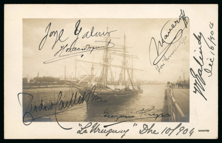 Stamp of Thematics » Polar Real photographic postcard of the “La Uruguay” anchored at Buenos Aires harbour signed on picture side by six members 