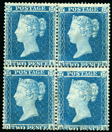 Stamp of Great Britain » 1854-70 Perforated Line Engraved 1854 2d blue pl.4 NA-OB, a magnificent mint o.g. block of four