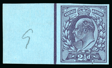 Stamp of Great Britain » King Edward VII 1901 (3 Dec) prepared for use though not issued, the famous 2 1/2d. purple on blue imperforate marginal imprimatur