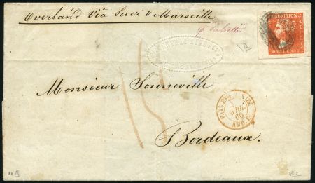 Stamp of Mauritius » 1859 Dardenne Issue (SG 41-44) 1d. dull vermilion, large to huge margins, light barred oval cancel, on merchant's cover from Port Louis to France