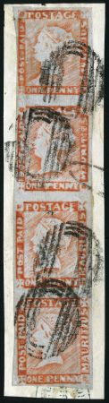 Stamp of Mauritius » 1848-59 Post Paid Issue » Worn Impressions (SG 16-22) 1d deep red-brown shade on bluish, worn impression, full vertical strip of four, used