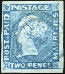Stamp of Mauritius » 1848-59 Post Paid Issue » Intermediate Impressions (SG 10-15) 2d. blue on bluish, intermediate impression, position 4, showing attractive and unusual pre-printing paper fold