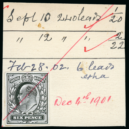 Stamp of Great Britain » King Edward VII 1901 6d. stamp sized die proof in black on glazed affixed