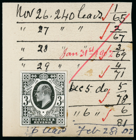 Stamp of Great Britain » King Edward VII 1902 3d. stamp size die proof in black on glazed card