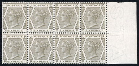 Stamp of Great Britain » 1855-1900 Surface Printed » 1880-83 Large Coloured Corner Letters, Wmk Imperial Crown 1880-83 6d grey pl.18 in mint right marginal block of eight