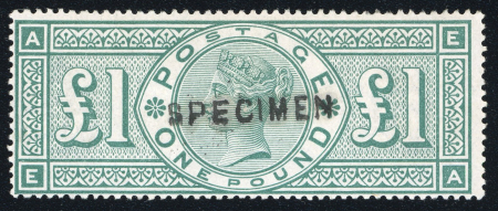 Stamp of Great Britain » 1855-1900 Surface Printed » 1887-1900 Jubilee Issue & 1891 £1 Green 1891 £1 green EA with "SPECIMEN" type 11 overprint