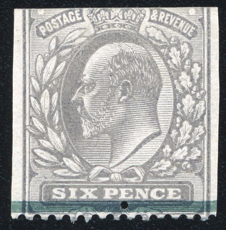 Stamp of Great Britain » King Edward VII » 1902-10 De La Rue Issues 1902 6d Grey-Black mint n.h. colour trial on unwatermarked chalky paper selvedge of the 1/2d Colonial issue