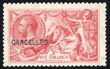 Stamp of Great Britain » King George V » 1913-19 Seahorse Issues 1920 5s rose-red, 23mm high, from the Royal cypher paper trials, mint n.h. with "CANCELLED" type 24 overprint