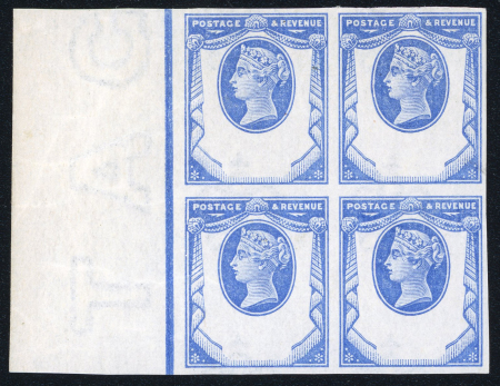 Stamp of Great Britain » 1855-1900 Surface Printed » 1887-1900 Jubilee Issue & 1891 £1 Green 1887-1900 Jubilee issue reply-paid essay with head plate printed in blue in mint n.h. left marginal block of four