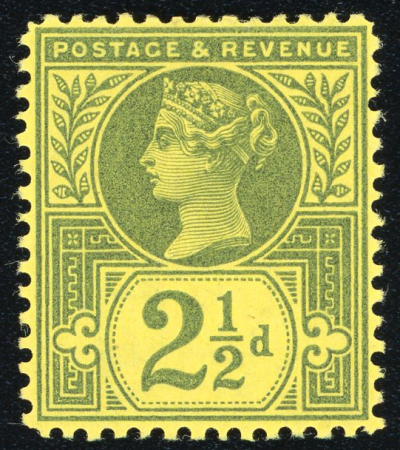 Stamp of Great Britain » 1855-1900 Surface Printed » 1887-1900 Jubilee Issue & 1891 £1 Green 1887-1900 Jubilee issue 2 1/2d colour trial in green on yellow paper, line perf.14, mint l.h.