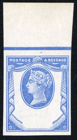 Stamp of Great Britain » 1855-1900 Surface Printed » 1887-1900 Jubilee Issue & 1891 £1 Green 1887-1900 Jubilee issue reply-paid essay with head plate printed in blue in mint n.h. top marginal single