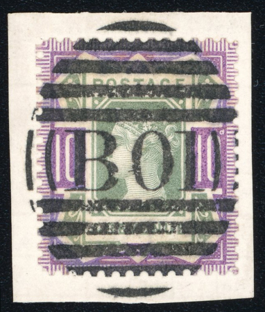 Stamp of Great Britain » 1855-1900 Surface Printed » 1887-1900 Jubilee Issue & 1891 £1 Green 1887-1900 Jubilee issue 10d colour trial with head plate in green and duty plate in purple, line perf. 14, affixed to piece and tied by "B01" obliterator