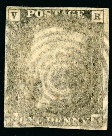 Stamp of Great Britain » 1840 1d Black V. R. Official VR Official - Cancellations Trial: 1840 VR Official 1d Black lettered NK, used for cancellation removal experiments and with 7-ring obliterator in black