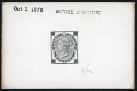 Stamp of Great Britain » 1855-1900 Surface Printed » 1867-80 Large Uncoloured Corner Letters, Wmk Spray of Rose 1867-80 De La Rue 3d die proof in black on glazed card